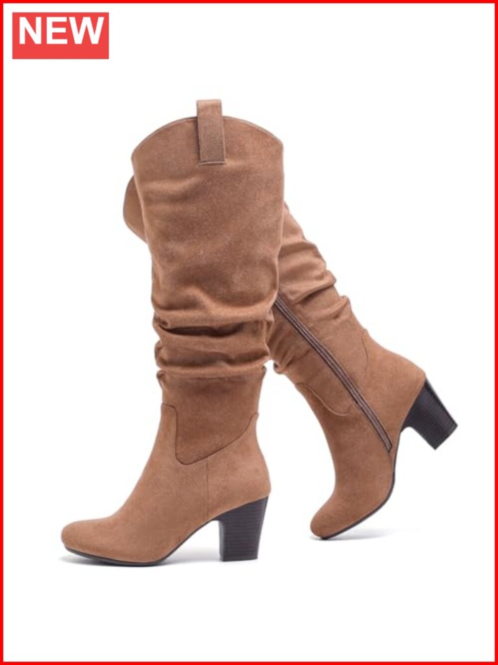 Knee High Boots Slouchy Heeled Boots with Block Heel and Side Zipper
